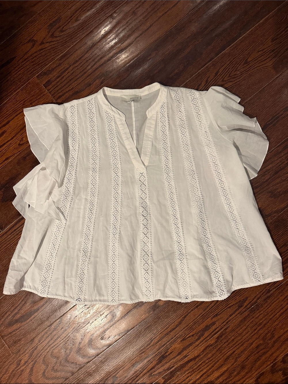 Pinch Romantic White Eyelet V-Neck Ruffle Sleeve Blouse